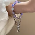 Handmade purple and blue beaded bracelet with silver lantern charm in New Chinese Style - Style 87 Purple Crystal Flower Bell