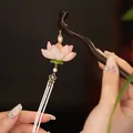 Elegant handmade lotus flower tassel hair stick with pink gradient petals and white beads - Black Lotus (46# Hairpin)