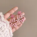 Close-up detail of stylish pink layered acrylic flower drop earrings with silver needles - Silver Needle Stud (2#)