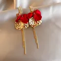 Elegant red flower petal earrings with long gold chain tassels and crystal studs - Red Flower Long Metal Tassel Earrings