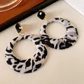 Stylish leopard print fabric wrapped hoop earrings with black square stud details - Fabric Hoop (34#)