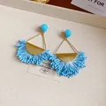 Bright blue fringe drop earrings with golden triangle frame for elegant summer outfits - Steel Post Fan-shaped Tassel Geometric Triangle Style (49#)