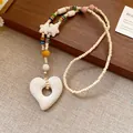 Collana maglione vintage con pendente a cuore in pietra lavica colore bianco crema - Style 26(26#)
