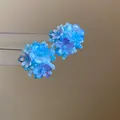 Handmade blue beaded flower stud earrings with elegant translucent floral petals - Silver Earring Post Woven Flower Disc Earring (71#)