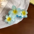 Elegant blue and yellow gradient frangipani flower hair claw clip for women hair accessory - Triple Flower Claw Clip / Blue