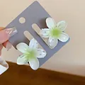 Elegant frangipani flower hair claw clip with a soft green gradient finish for women - 2 Pcs/Set / White-Green