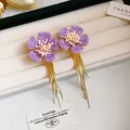 Elegant purple flower tassel earrings with long golden fringe boho floral jewelry - Steel Post Stud Earrings (84#)