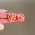 Delicate salmon pink resin flower stud earrings with golden textured centers for women - Silver Earring Post Stud Earrings (95#)