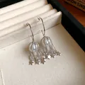 Vue détaillée des boucles d'oreilles créoles argentées avec perles et glands d'étoiles - Style Gland Étoile Perle en C / Argent