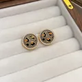 Vintage leopard print enamel stud earrings with pearl trim and silver needles - 89# Silver Needle - Brown