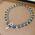 Handmade beaded lace necklace with blue stone and pearl pendant in elegant grey finish. - 7# Necklace / Gray