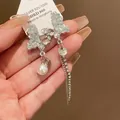 Elegant silver post crystal butterfly tassel earrings with pearl drop and sparkly stones - Asymmetric Butterfly Long Tassel Style (HE18812) / Silver/Blue