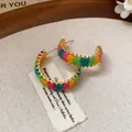Orecchini a cerchio fatti a mano con filo arcobaleno dorato, stile boho chic da donna - Stile Cerchio a C Avvolto in Filo Arcobaleno / Multicolore (56# Perno in Argento Sterling 925)