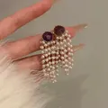 Elegant French vintage tassel earrings featuring purple round zircon and white pearls - 58# Drop