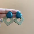 Orecchini geometrici a perno in resina verde acqua e pendente quadrato beige - Semplice Stile Geometrico Quadrato Vuoto / Ciano & Beige (118# Perno in Argento Sterling 925)
