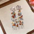 Eleganti orecchini pendenti a fiore argento con nappe di perline multicolore e zirconi - Stile Perno in Argento Sterling 925 (65#) / Marrone