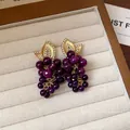 Eleganti orecchini a pendente a grappolo d'uva viola con foglie d'oro e pietre zirconi - Stile Perno in Argento Sterling 925 (94#) / Viola