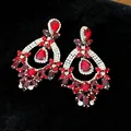 Detailed view of ornate red gemstone and rhinestone drop earrings in vintage court style - Palace Style Water Drop Design (HE24450) / Silver Red