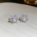 Sparkling snowflake stud earrings with white pearl center in silver finish for women - Silver Post Pearl Snowflake Studs (14#)