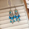 Orecchini boho con perle turchesi blu e ciondoli a foglia d'argento in stile vintage - Stile Gancio per Orecchio con Nappa Foglia Argento Vintage (75) / Celeste