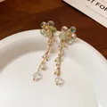 Eleganti orecchini a nappa con fiori di zircone e perle stile dolce - Stile Nappa Fiore in Zirconia Colorata con Perno in Argento 925 (91) / Verde/Multicolore