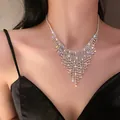 Elegant French style silver rhinestone tassel fringe necklace for women party jewelry - 满钻流苏(35#项链)
