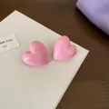 Cute pink heart-shaped enamel stud earrings displayed on a white gift box base - Pink Heart Earrings (29#)