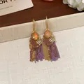Orecchini pendenti con nappine floreali in zircone con catene viola e oro da donna - Stile Nappa Zirconia a Goccia (110# Gancio per Orecchio) / Oro-Verde