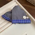 Elegant grey fabric triangle hair clip with blue plaid trim and white button accent - 28# Claw Clip - Plaid Pearl Style