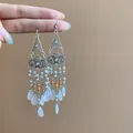 Orecchini pendenti eleganti in argento con fiore di zircone e gocce di perline - Stile Gancio per Orecchio con Nappa a Fiore in Zirconia (72#) / Bianco