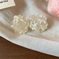 Close-up of elegant resin rose flower stud earrings with shimmering texture detail - Beige