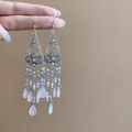 Orecchini bohémien a nappa con perle rosa a goccia e zirconi scintillanti di tendenza - Stile Gancio per Orecchio con Nappa a Triangolo Cavo (73#) / Rosa