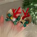 Fermagli per capelli corna di renna rosse con nastri verdi e campanelli per Natale - Fermagli per capelli a becco d'anatra / Verde