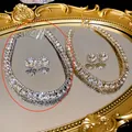 Luxury silver rhinestone necklace and square stud earring set on gold mirror tray - Silver