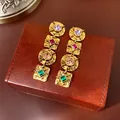 Vintage gold-tone drop earrings featuring colorful square and round rhinestones - Palace Heavy Four-color Rhinestone Style (59#) / Antique Gold