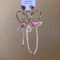 Eleganti orecchini a cuore con farfalle di cristallo rosa e nappe di perline argento - Stile Cuore Farfalla Rosa (28#)