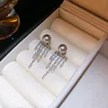 Elegant vintage grey pearl drop earrings with sparkling cubic zirconia tassels. - 54# Hoop