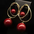 Elegant French vintage style earrings featuring red artificial pearls and gold geometric hoops. - 56# Drop