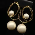 Elegant French vintage gold hoop earrings with large cream faux pearls for women. - 57# Drop