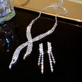 Elegant silver-tone full rhinestone bridal necklace and earring jewelry set for wedding - 32# Necklace-Silver-Cross Tassel