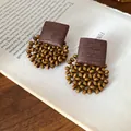Retro Maillard style resin stud earrings with wood grain square and beaded circle design - 24# Coffee