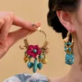 Bohemian hoop earrings with pink flower and turquoise elephant charms - Blue Contrast
