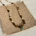 Elegant Maillard style necklace featuring faux tiger eye beads and a turquoise pendant - 41# Necklace - Gold - Coffee