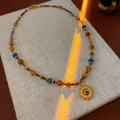 Collier de perles de style ethnique rétro avec pendentif soleil en œil de tigre - 40# Collier (ai-HN7729) / Or