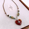 Collier pendentif cœur vintage élégant avec croix en strass et perles de pierre naturelle - 45# Collier Cœur (ai-HN7732) / Café et Vert