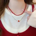Elegant double-layered red agate bead necklace with silver-tone pendant chain for women - Necklace #9 - Silver - Red