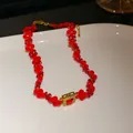 Elegant red faceted bead choker necklace with square gold pendant and red gem set - Style 37 - Red Square Gemstone