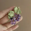 Elegant Mori style purple glass grape earrings with detailed green leaves and gold accents - 925 Sterling Silver Earring Post - Deep Purple Bead Grape Style / Purple-Green