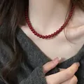 Elegant deep red agate beaded necklace on model for a sophisticated and chic look - 14# Necklace - Red - 8mm