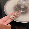 Elegant French vintage bow-knot pearl stud earrings with golden finish and rhinestones - 34# Silver Needle - Regular - Gold - Champagne